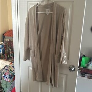 New York Laundry Long Open-Front Cardigan in Light Beige